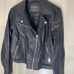 Guess black faux leather‎ moto jacket silver trim, size small